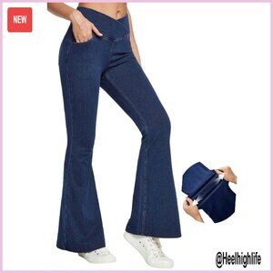 High Waisted Bell Bottom Flare Jeans Stretchy Pull On Wide Leg Pants